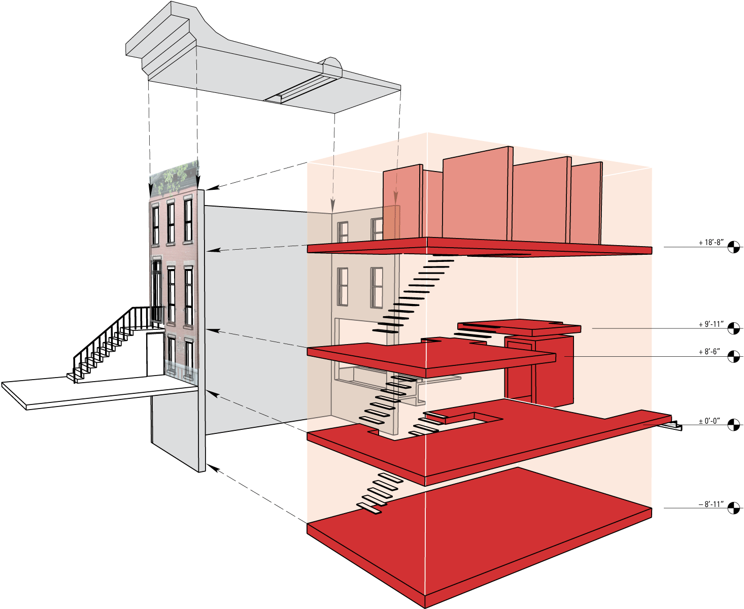 An exploded 3d perspective shows the reconfigured floor plates.
