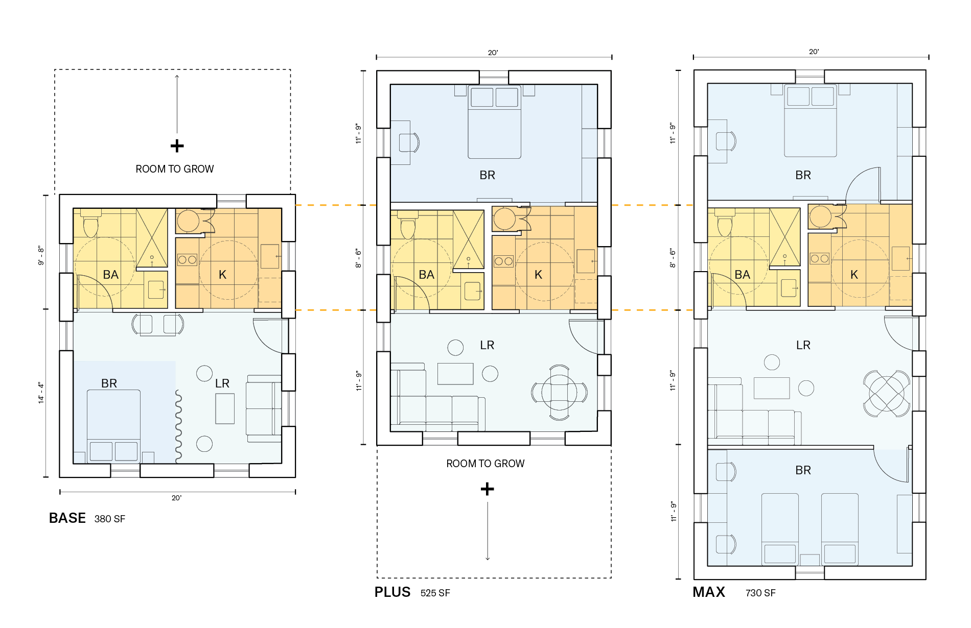 Plan of ADU showing studio BASE unit, 1 bedroom PLUS unit, and 2 bedroom MAX unit